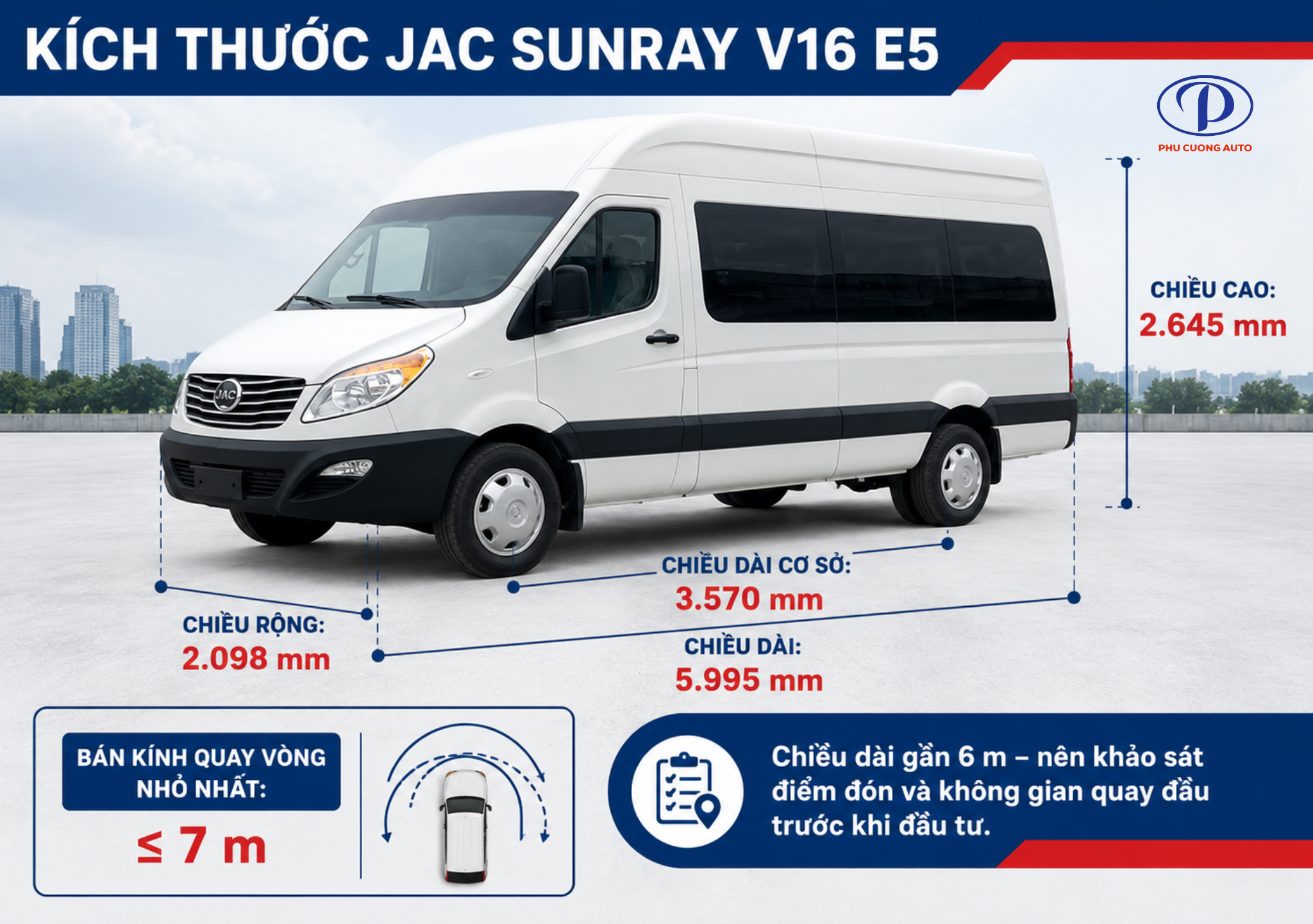 kích thước JAC Sunray 16 chỗ