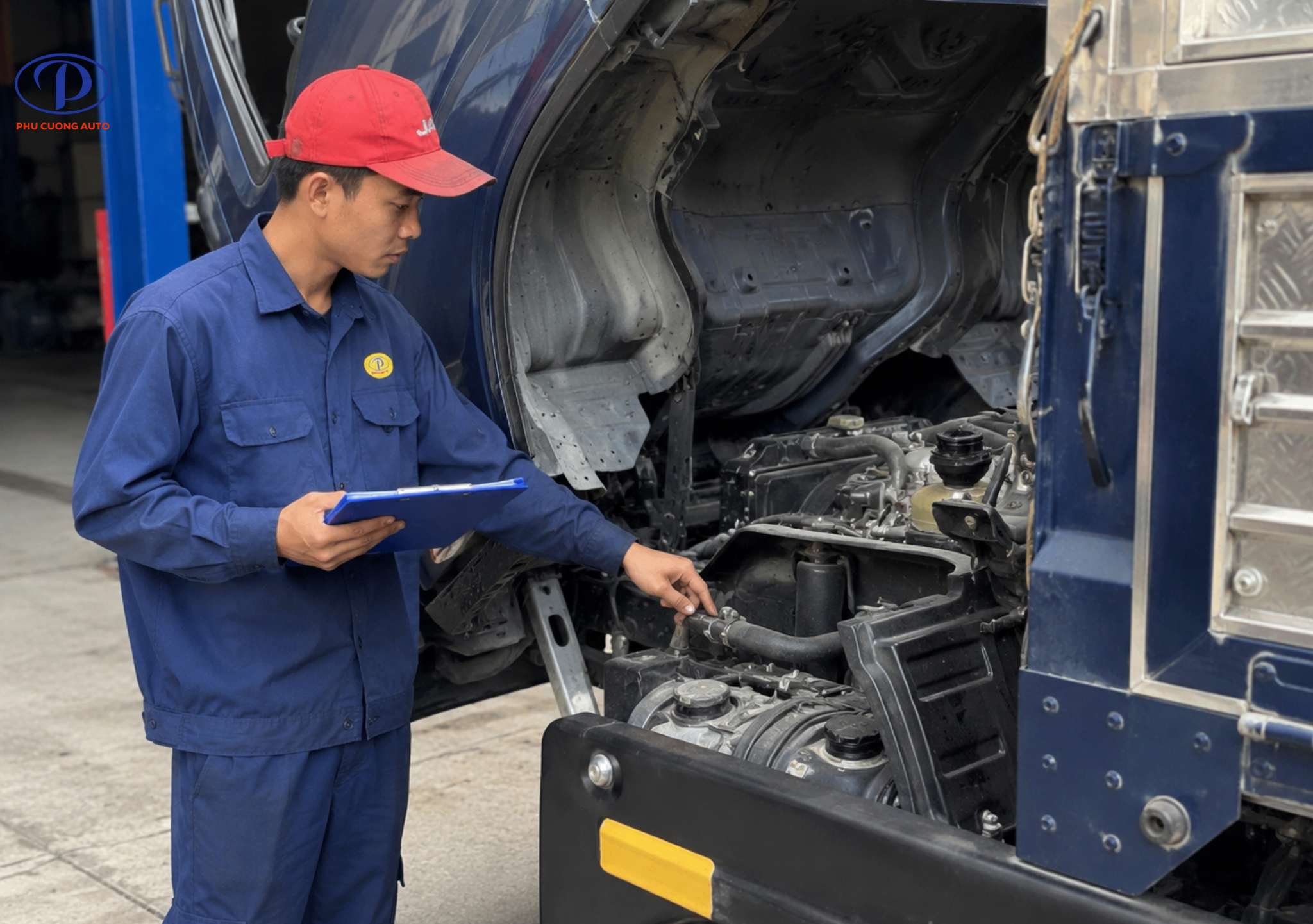 Kỹ thuật viên Phú Cường kiểm tra xe tải tại xưởng