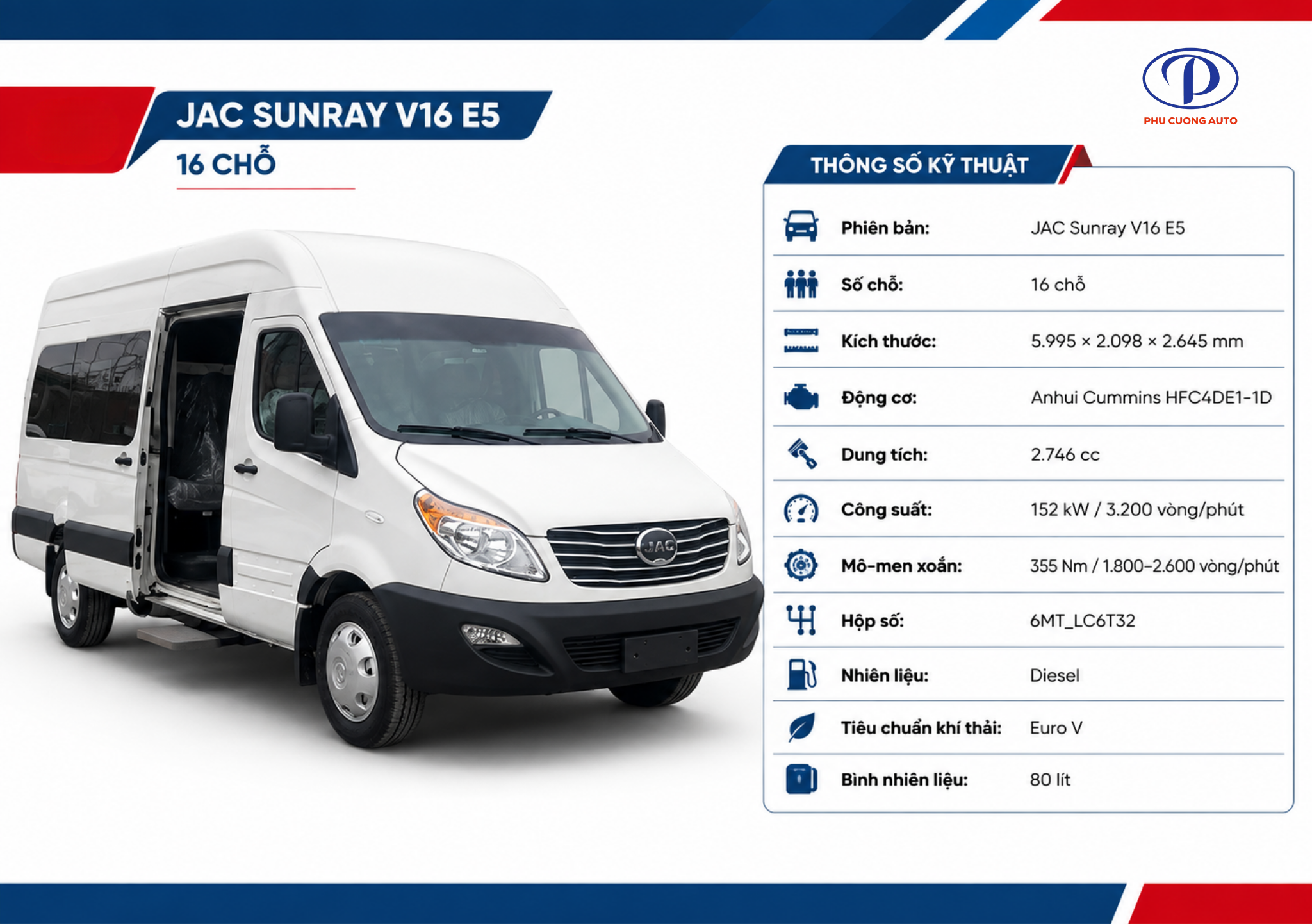 thông số JAC Sunray V16 E5 16 chỗ